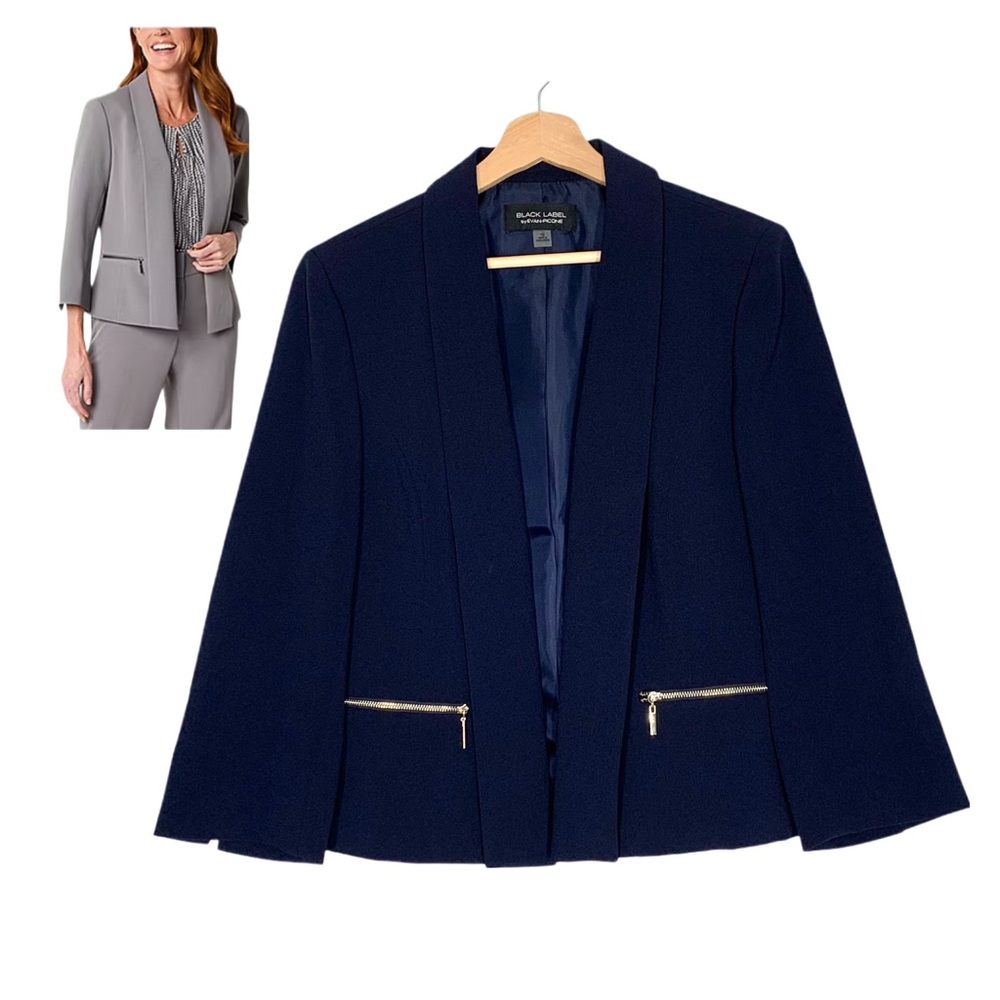 Evan-Picone Collarless Suit Jacket in Navy Blue Size 10 Zipper Accents